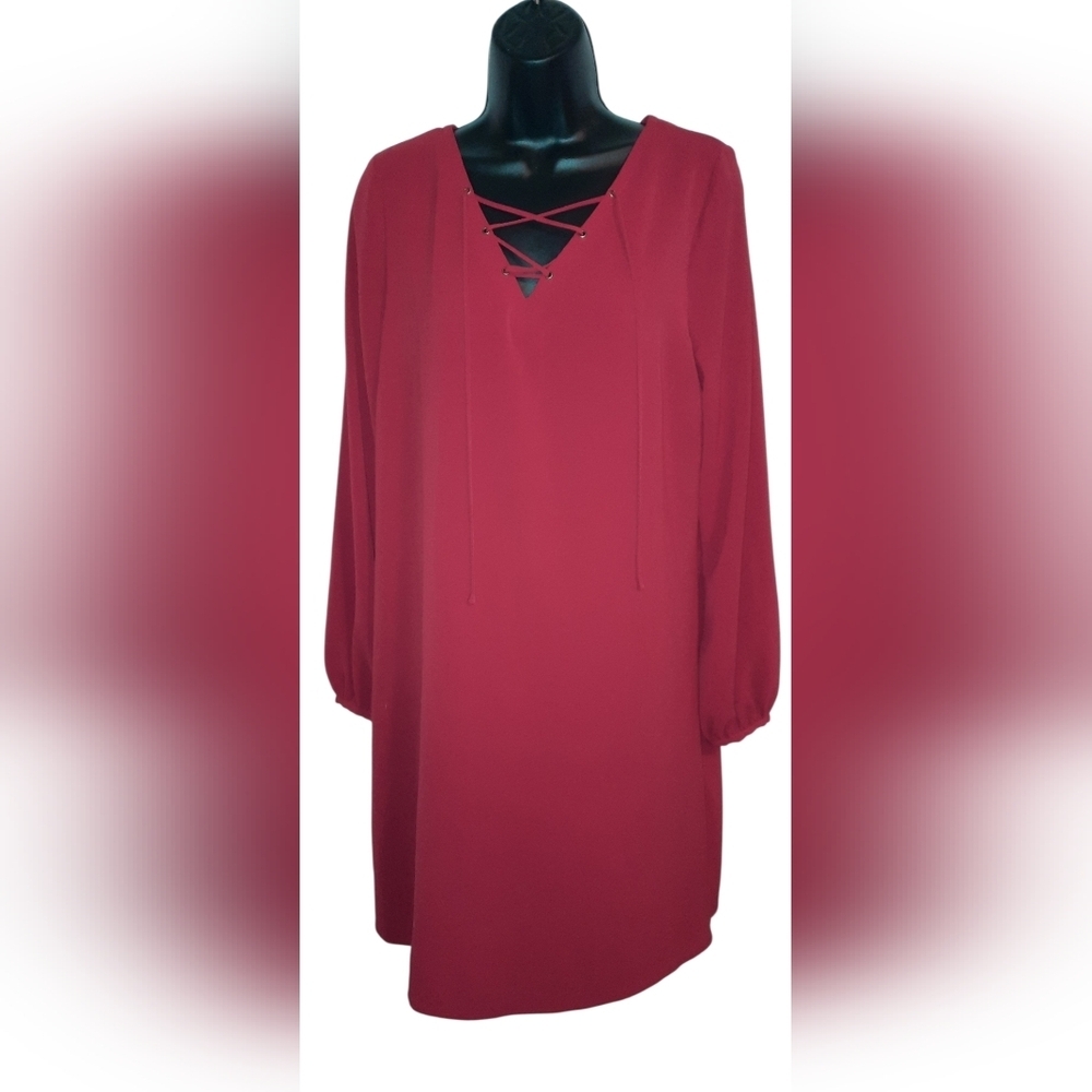 Worthington Long Sleeve Shift Dress in Burgundy Red